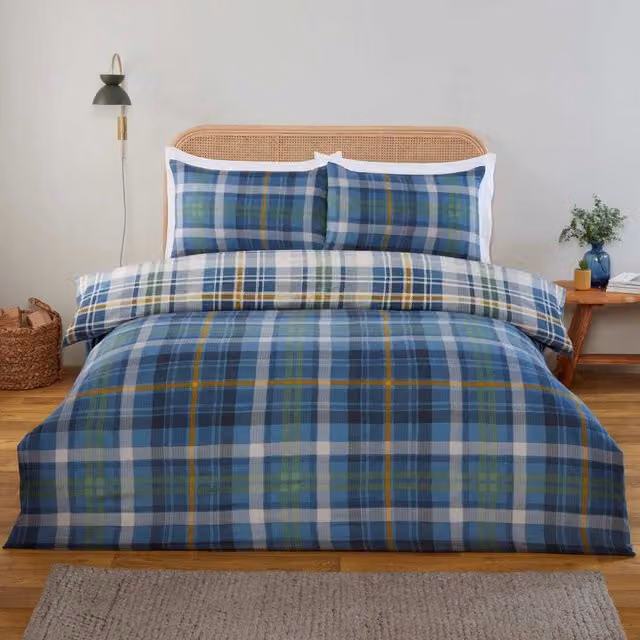 Regalia Check Microfibre Reversible Duvet Cover Set with Fitted Sheet and Pillowcases, Blue, White, Gold and Green, Duvet Cover: 140 x 200 cm, Pillowcase: 50 x 75 cm