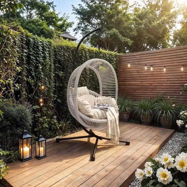 Solace+Co Lana Rattan Egg Hanging Swing Chair with Stand in Light Grey