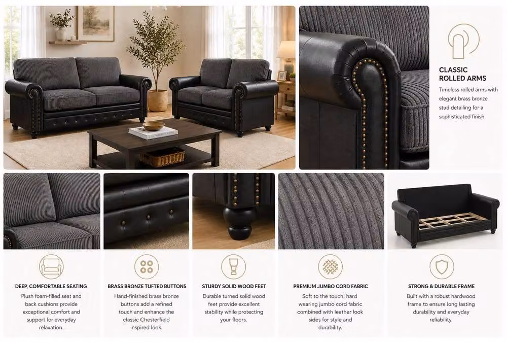 LUXURY LIFE Woodland Grey 3+2 Sofa Set in Jumbo Cord and Synthetic Leather – 2