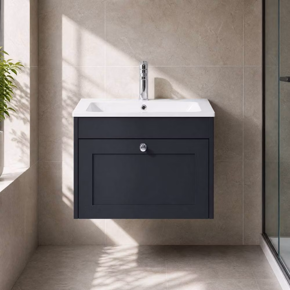 Balterley Modern Wall Hung Single Drawer Bathroom Vanity Unit with Stone Basin in Matt Dark Grey W/D/H: 60.0 x 45.3 x 43.1 cm – 2