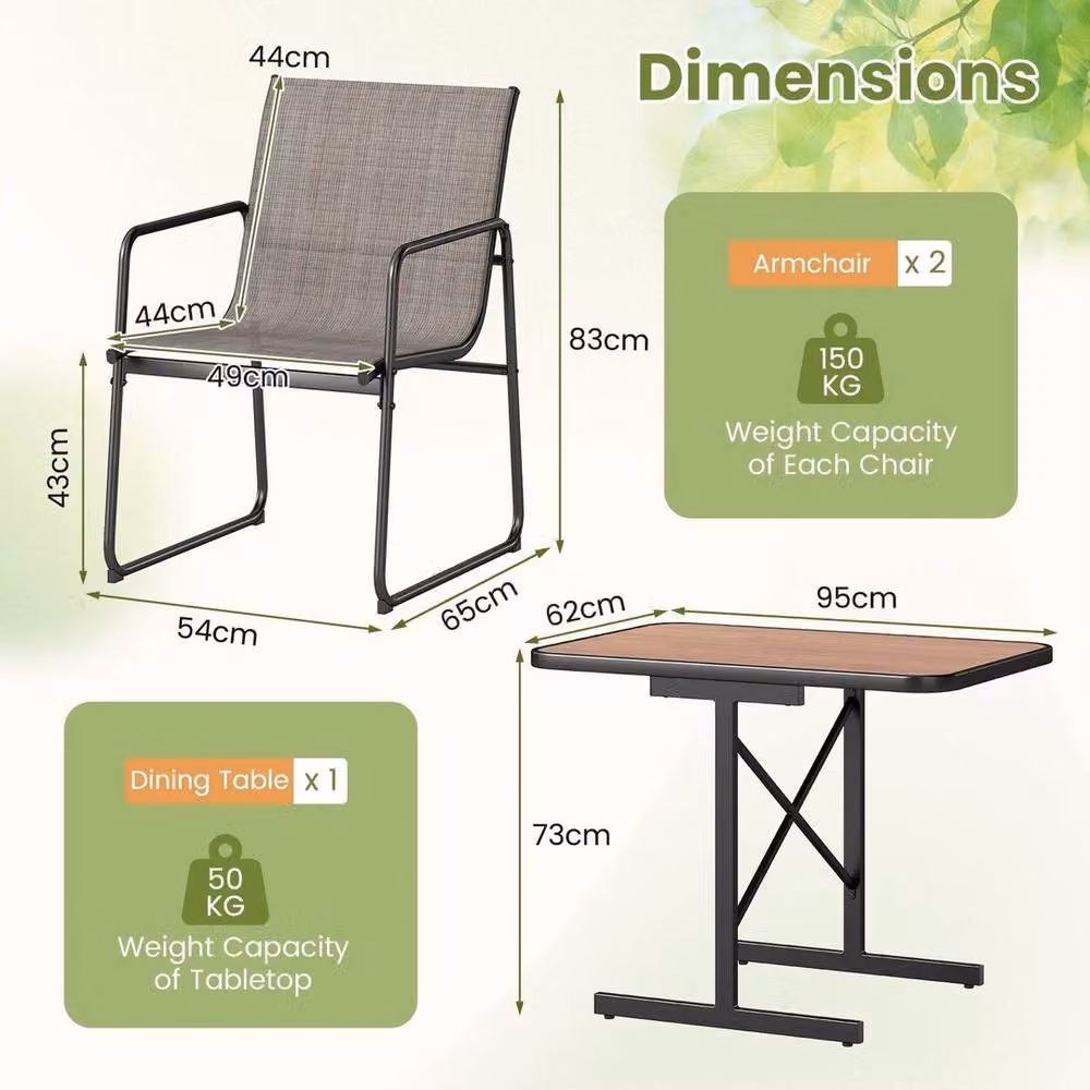 Kelvenix Brown Metal Outdoor Furniture Set with Rectangle Dining Table for 3 Adults, Width: 100 cm – 2