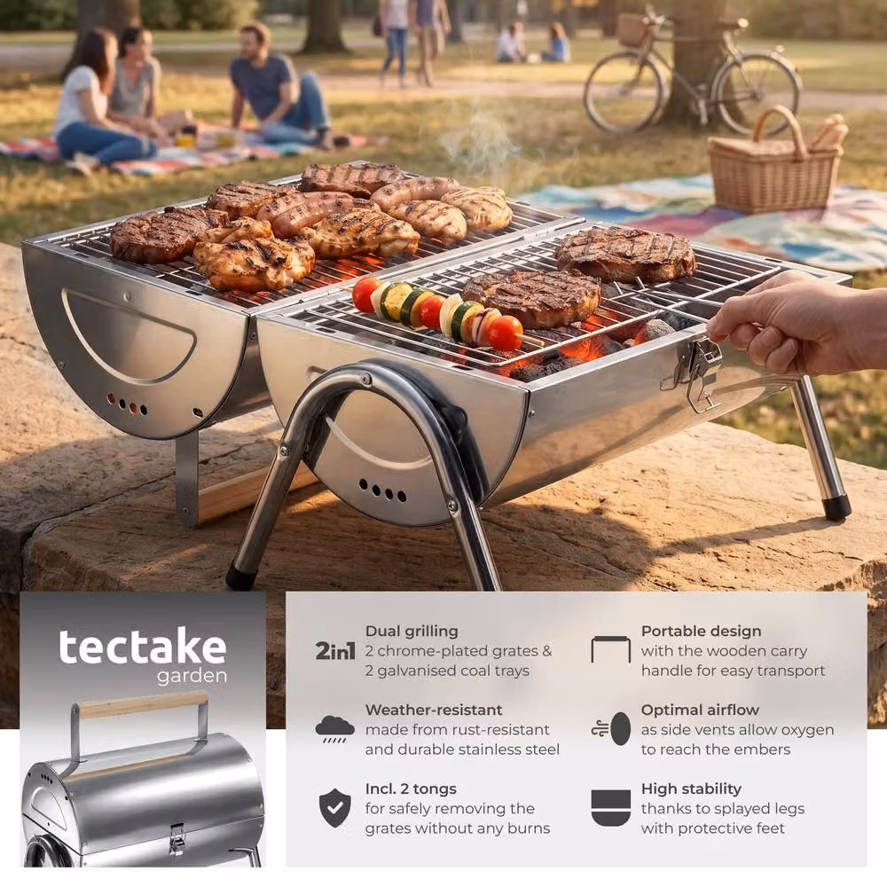 tectake Stainless Steel Charcoal Grill in Silver with 2 Cooking Surfaces and 2 Charcoal Trays, W/D/H: 44.0 x 42.0 x 30.5 cm – 2