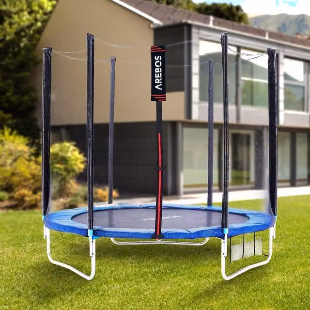 AREBOS Blue Mini Trampoline with Safety Net and UV-Resistant Padding, Diameter: 244 cm