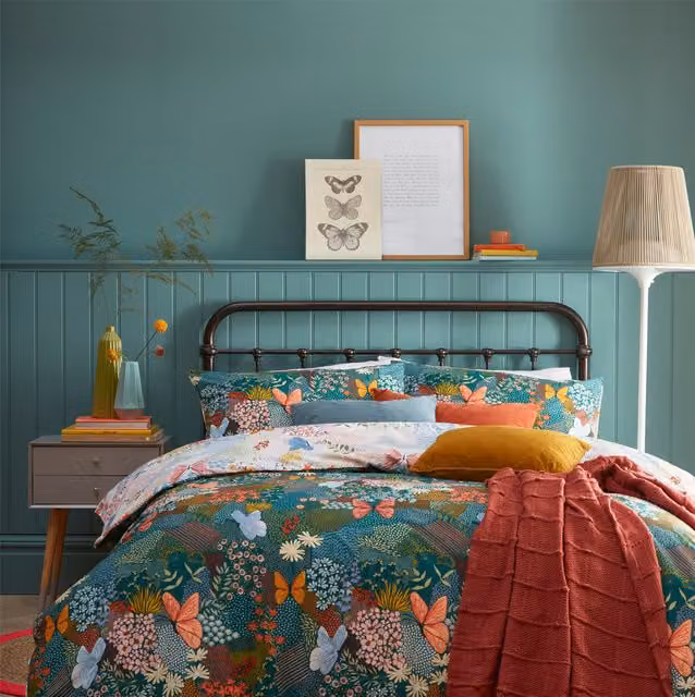 Make it a Home Reversible Butterfly Floral Duvet Cover Set, Petrol Green, 140 x 200 cm