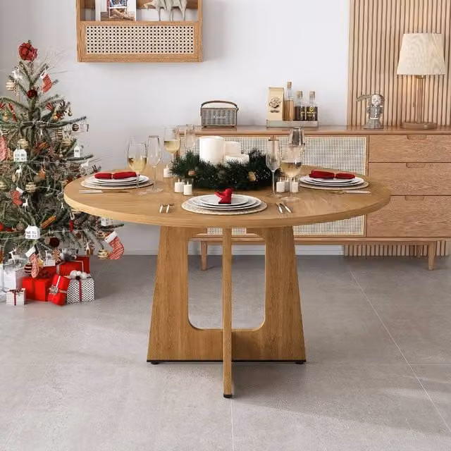 Rolipo Round Farmhouse Dining Table in Brown Oak Finish, Diameter: 119.38 cm, Height: 76 cm – 1