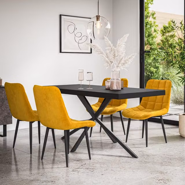 More4Homes Donni Dining Table and 4 Nova Velvet Chairs in Black and Mustard