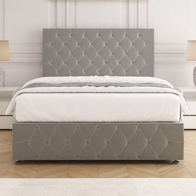 BSSPOKE Mulberry King Size Divan Bed with Plush 24 Inch Headboard and Footboard, Silver Velvet Upholstered, W/D/H: 180 x 200 cm
