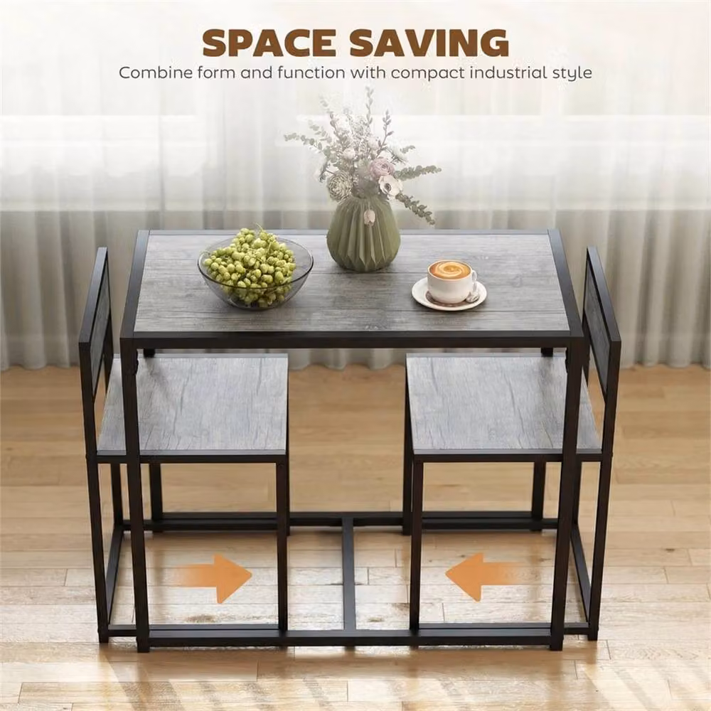KORVIXA Industrial Dining Set with Rectangular Table and 2 Chairs in Grey and Black – 4