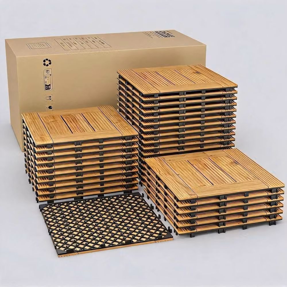 VOGREX Brown Solid Acacia Wood Interlocking Waterproof Deck Tiles, 22 Pack – 3