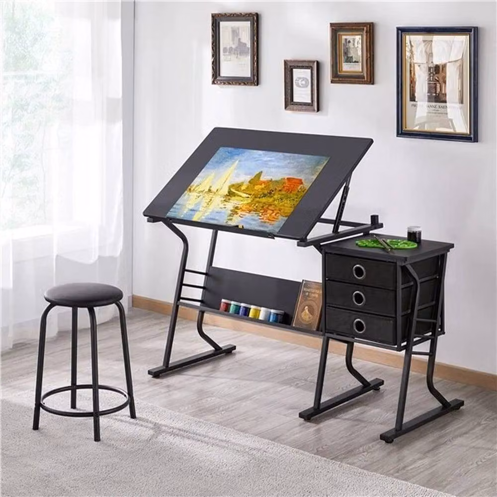 KORVIXA Black Tilting Top Writing and Drawing Art Desk with Sled Base, W/D/H: 100 x 100 x 60 cm – 3