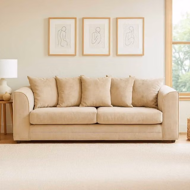 Furnishings For Less UK Casper 3 Seater Chenille Sofa in Beige with Scatter Cushions and Removable Covers