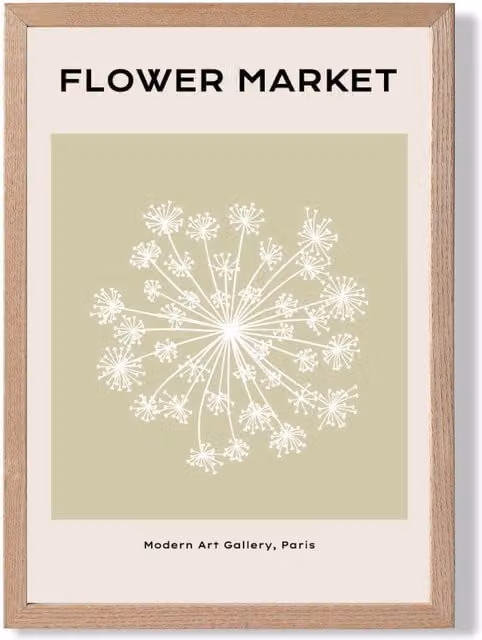 ARTZE Green and Beige Dandelion Flower Market Simplicity Framed Print with Oak Frame