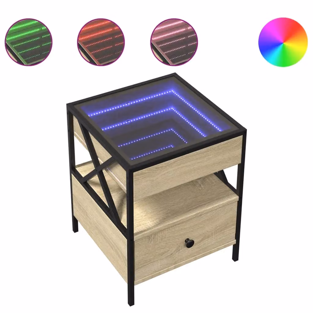 Berkfield Home Infinity LED Bedside Table in Sonoma Oak Brown with Mirror Top, W/D/H: 40 x 40 x 51 cm – 2