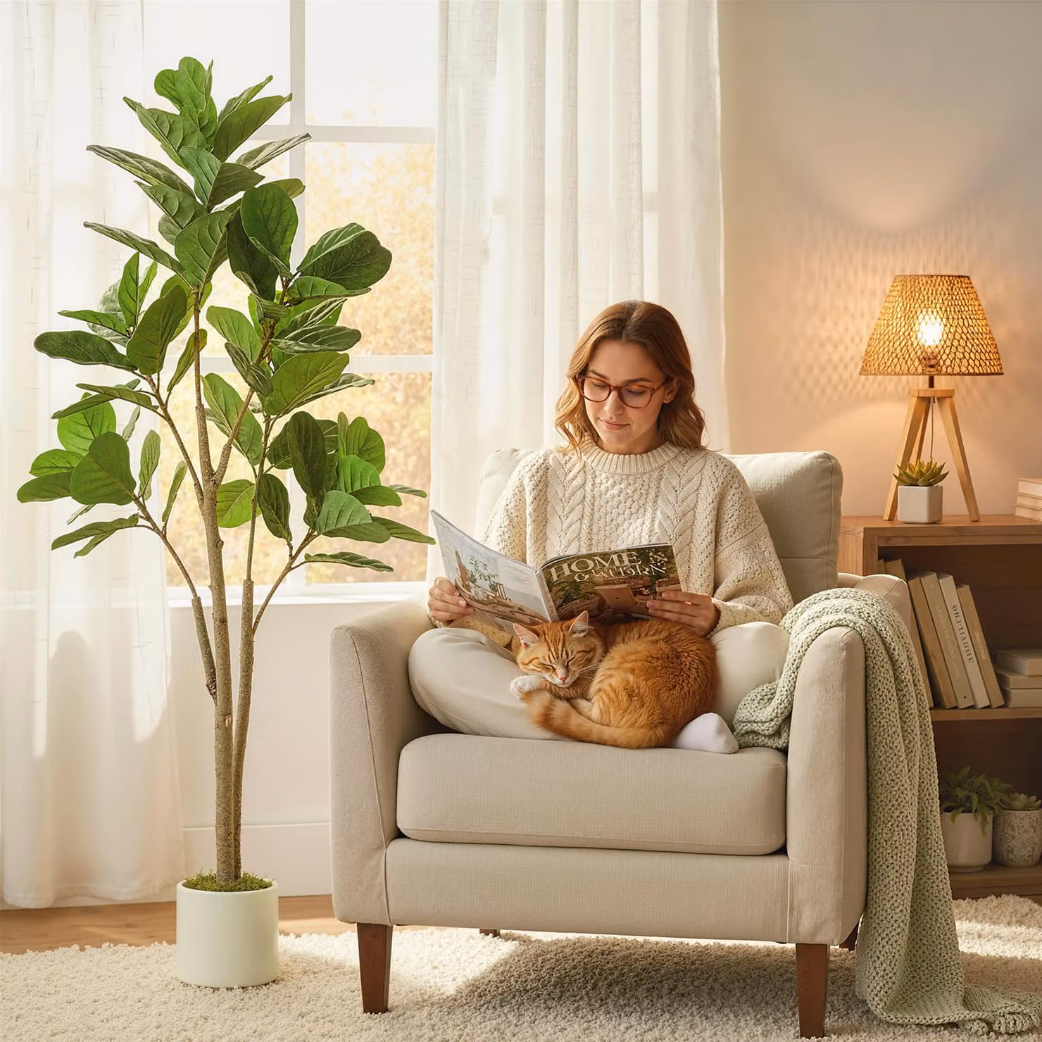 HOMCOM 150 cm Artificial Ficus Tree in Green and White – 2