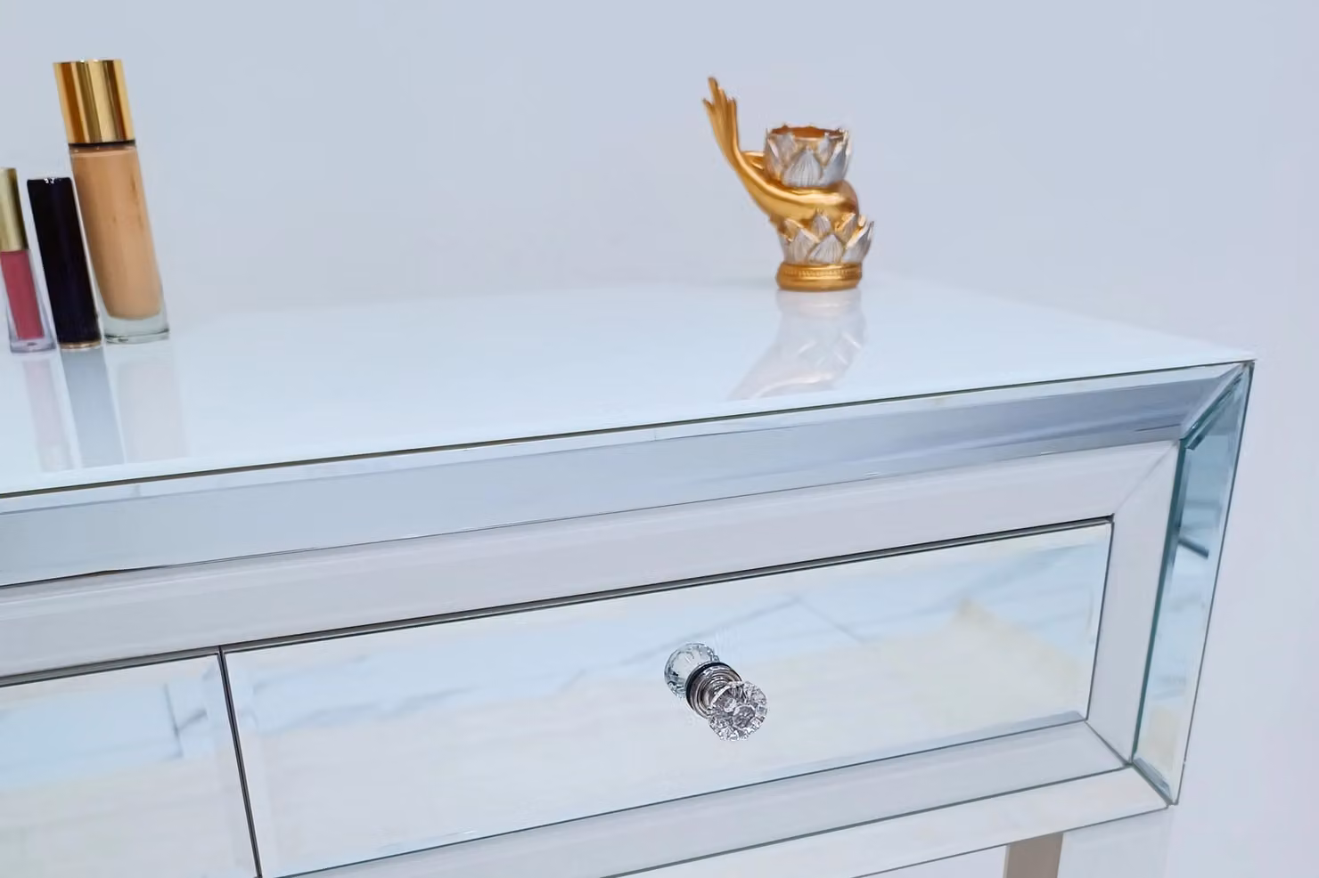 7seas White Glossy Glass Dressing Table with 2 Drawers and Hollywood LED Mirror – 2