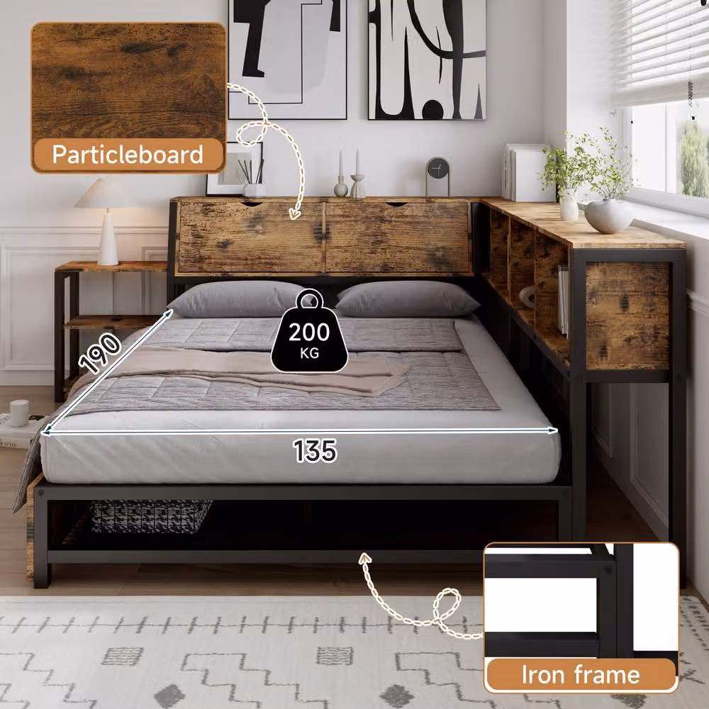 BTM Modern Metal Double Bed Frame with Storage Drawers, Brown, W/D/H: 140 x 200 x 85 cm – 5