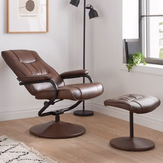 Birlea Memphis Swivel Reclining Chair and Matching Footstool in Brown Synthetic Leather