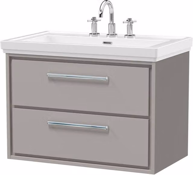 Balterley Modern Wall Hung 2-Drawer Bathroom Vanity Unit with Fireclay Basin, Grey, Width: 80 cm