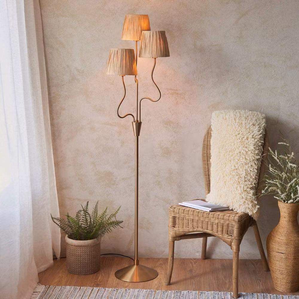 Netlighting Wriggle Multi Arm Floor Lamp in Gold and Beige with Rattan Shades and 3x E14 Sockets – 2