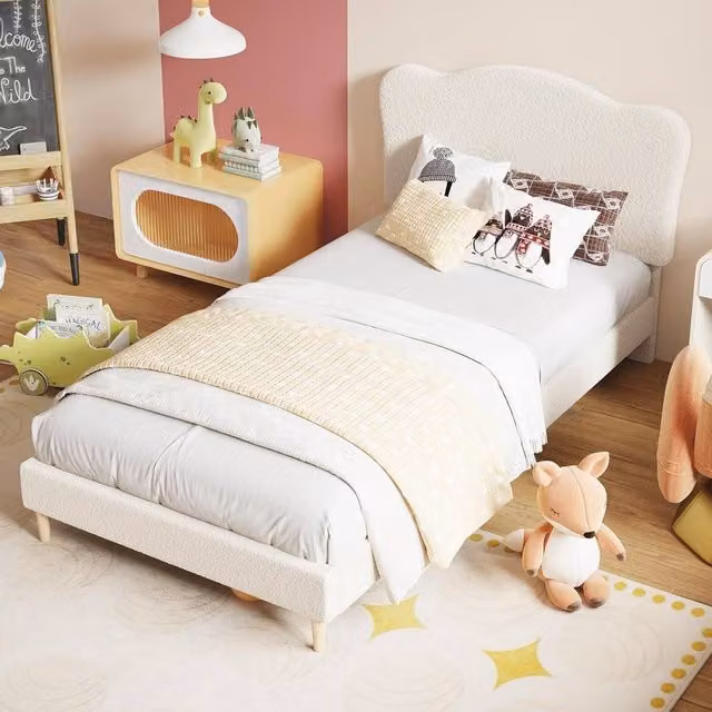 London Boutique Upholstered Single Bed Frame in Beige Bouclé Fabric, W/D/H: 90 x 190 cm