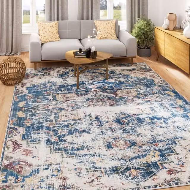 The Rug House Vintage Distressed Washable Rectangular Rug in Blue, Red and Orange, W: 50 cm x D: 50 cm