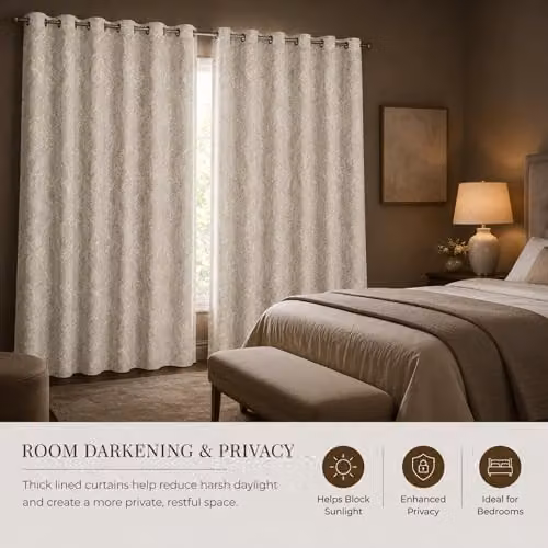MHG Living 100% Cotton Jacquard Eyelet Curtains, Thermal Insulated and Room Darkening, Beige, Drop: 228.6 cm – 2