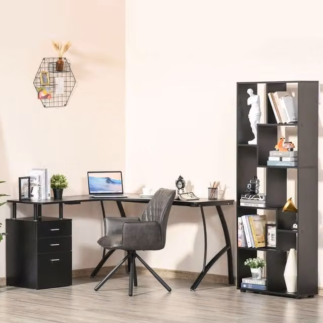 HOMCOM L-Shaped Corner PC Desk with Drawer, Black Home Office Workstation – 1
