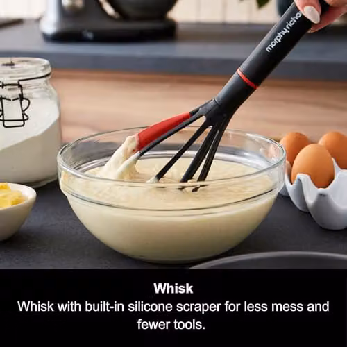 Morphy Richards Whisk and Solid Spoon Set in Black and Red, Heat Resistant Nylon and Silicone Utensils with Built-in Scraper, Herb Stripper and Measuring Spoon – 3