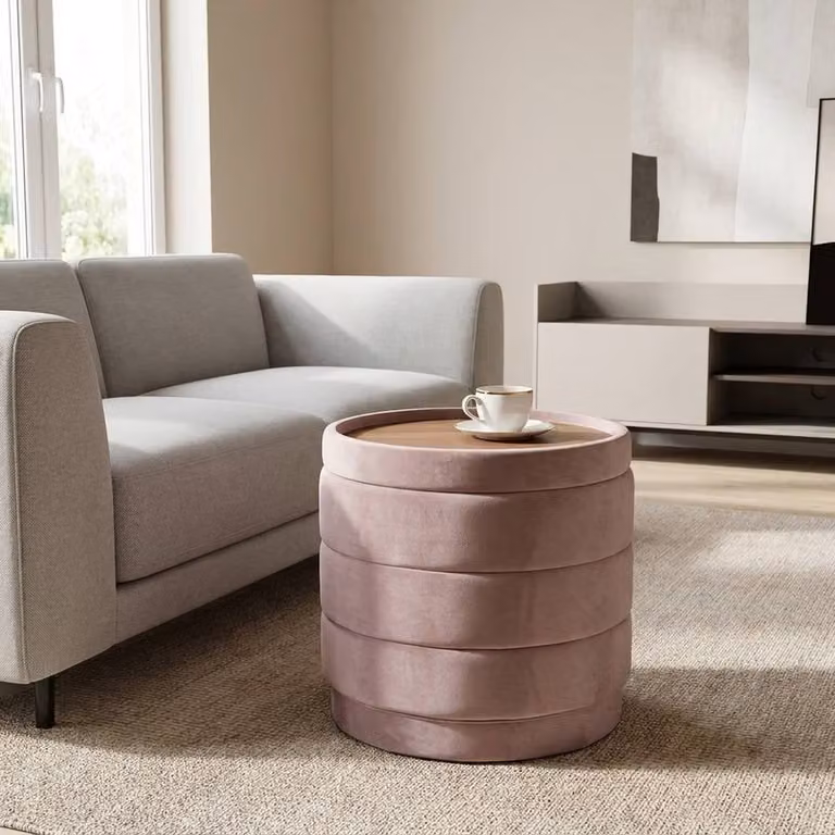 Garden Greatness Blush Pink Velvet Cylindrical Storage Ottoman with Tray Top
