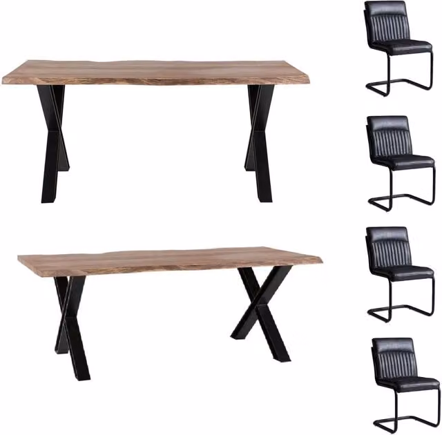 IH Design Live Edge Acacia Wood Dining Set with Rectangular Table, 4 Chairs and 1 Bench in Brown, Grey and Black