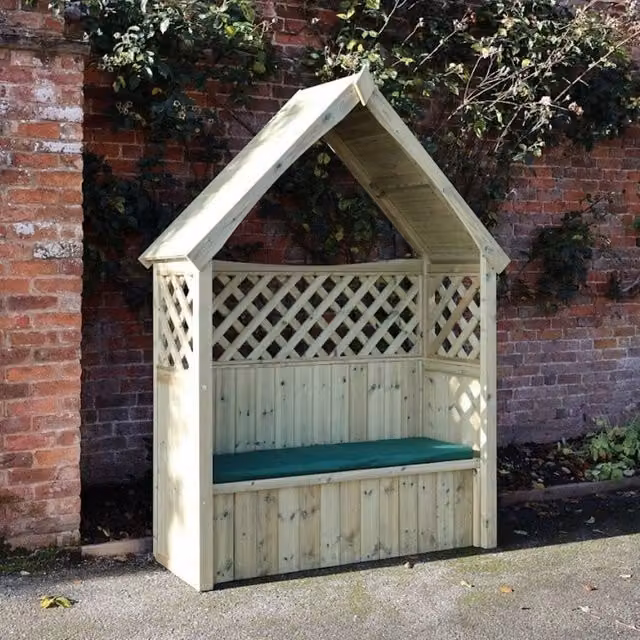Churnet Valley Garden Furniture Ltd Daisy 3 Seat Trellis Storage Arbour with Beige Cushions, W/D/H: 179 x 179 x 60 cm – 1