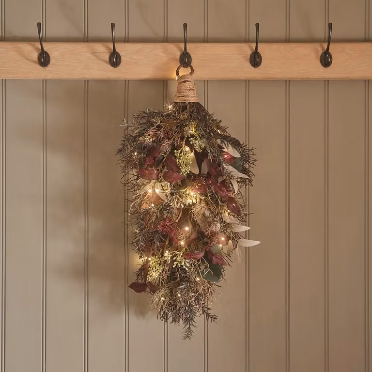 Lights4Fun Autumn Winter Pre-Lit Faux Foliage Bough with Warm White LEDs, Green and Multicolour, Length: 67 cm