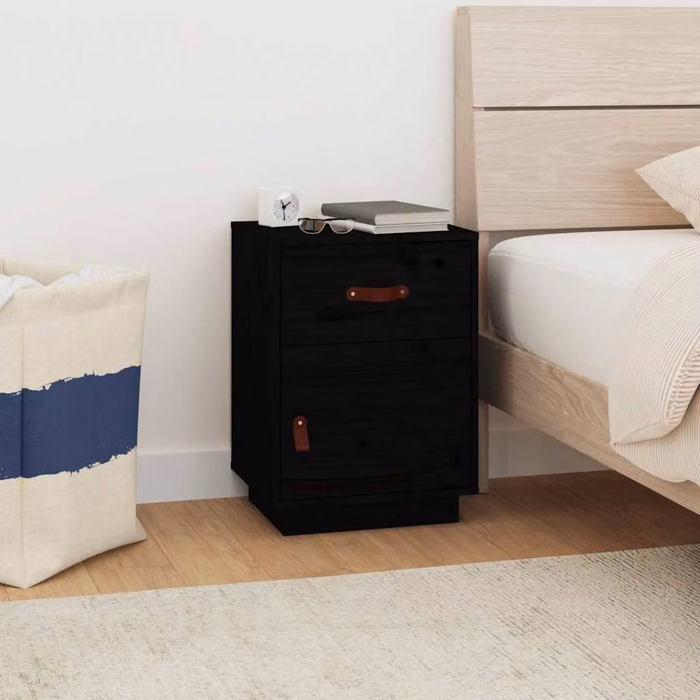 Berkfield Home Black Solid Wood Pine Bedside Cabinet W/D/H: 40 x 34 x 55 cm – 2