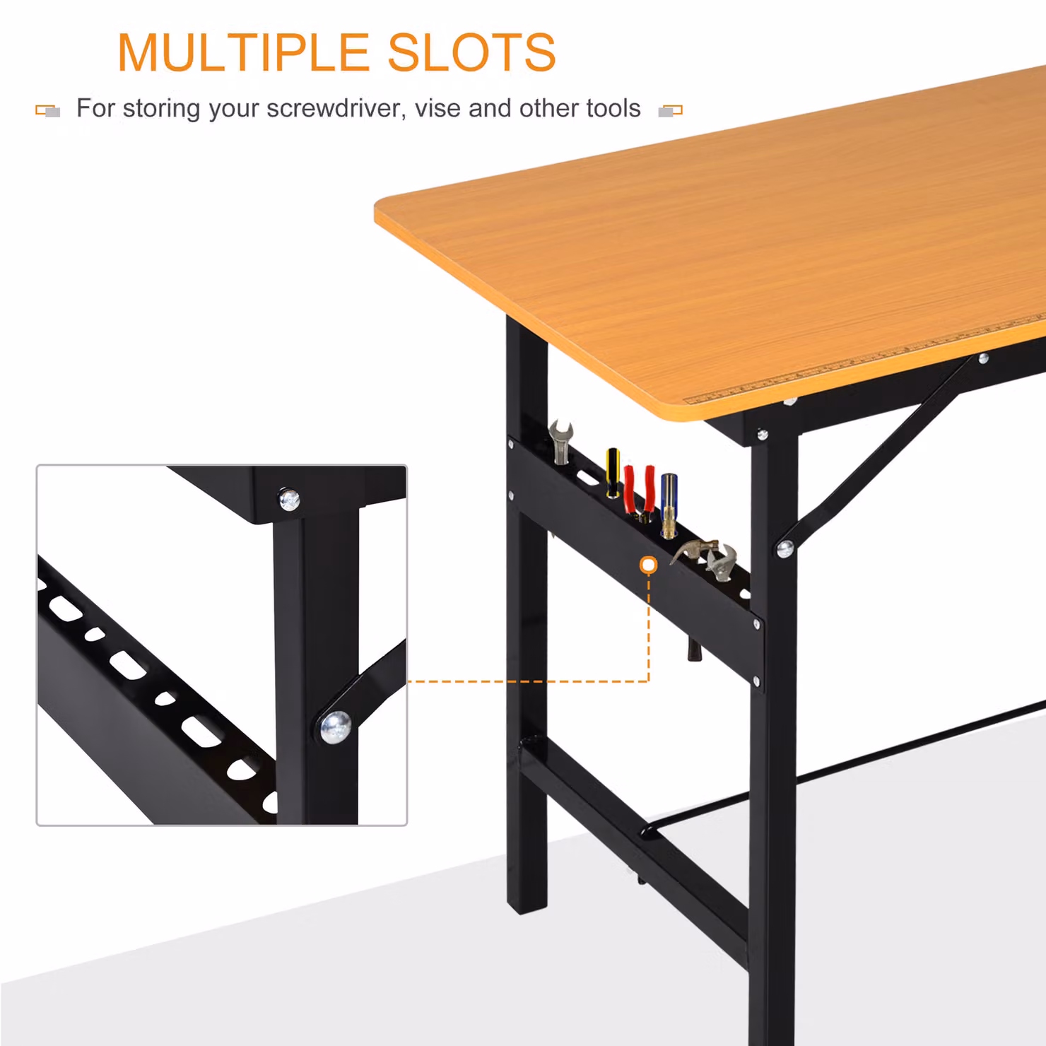 HOMCOM Foldable Garage Work Bench, Brown MDF and Steel Craft Table Workstation with Ruler and Protractor – 4