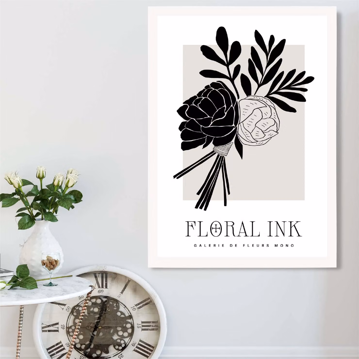 ARTZE Black and Beige Closed Peonies Floral Ink Sketch Framed Print with White Frame – 2