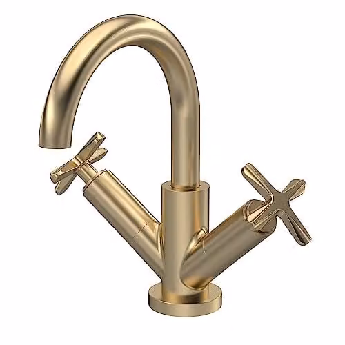 nuie CLX815 Aztec Modern Deck Mounted Mono Basin Mixer Tap with Push Button Waste, Brushed Brass, H: 23.0 cm, W: 14.9 cm, D: 14.0 cm – 1