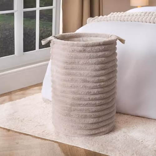 OHS Collapsible Faux Fur Ribbed Laundry Bag in Beige, W/D/H: 36 x 36 x 55 cm – 1