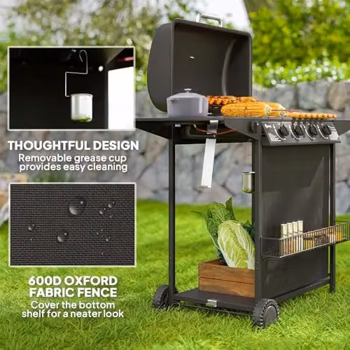 Outsunny 4+1 Burner Propane Gas BBQ Grill with Built-in Thermometer, Side Burner, Warming Rack and Wheels, Black – 6