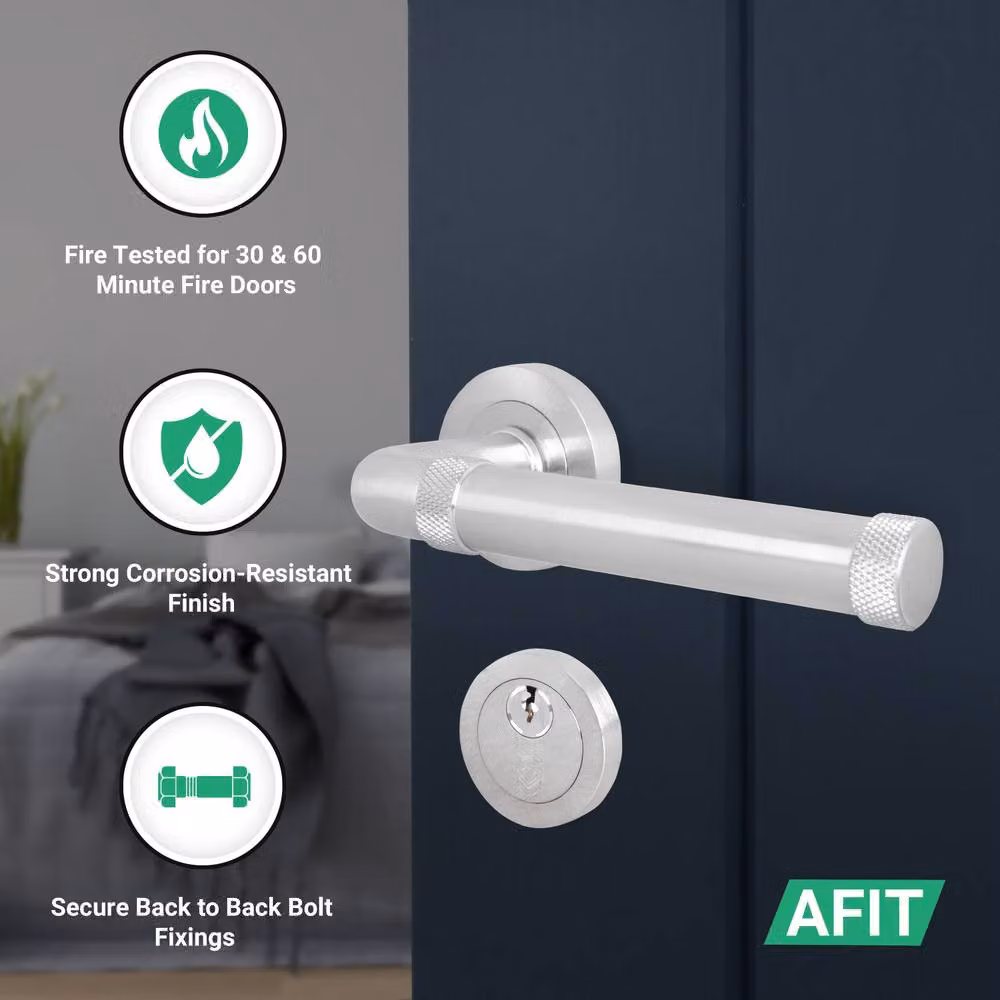AFIT Satin Nickel Fire Door Handle Set with Euro Lock, Double Cylinder Locks and Hinges in Silver, W/D/H: 15.0 x 15.0 x 12.0 cm – 2