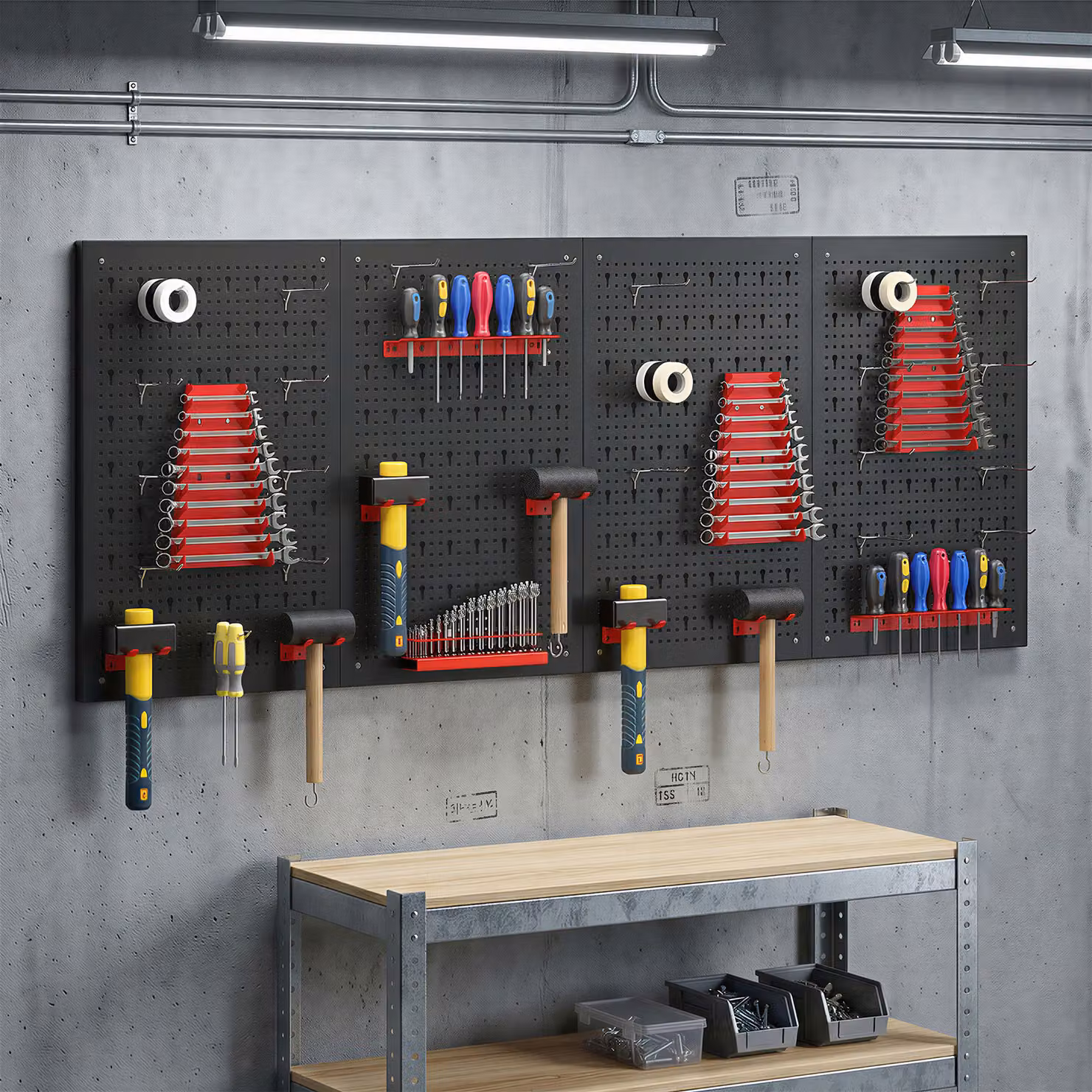 HOMCOM 38-Piece Wall-Mounted Steel Pegboard Garage Tool Storage Unit with 4 Boards in Black and Red – 2