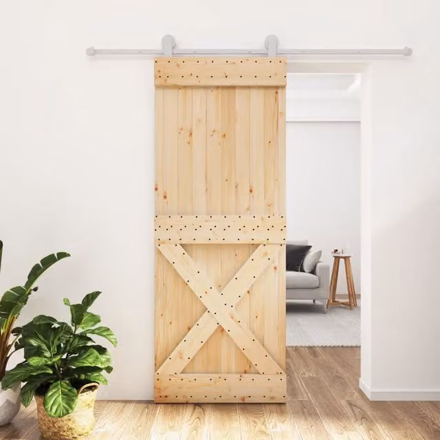 Berkfield Home Rustic Solid Wood Pine Sliding Door with Hardware Set in Brown, W: 80 cm, H: 210 cm