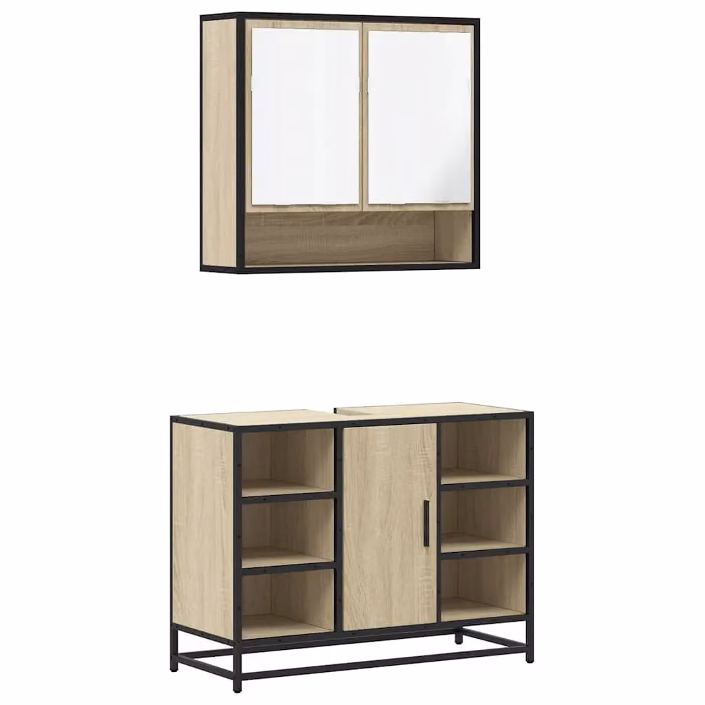 Berkfield Home 2 Piece Industrial Bathroom Furniture Set in Brown Sonoma Oak with Vanity Unit and Mirror Cabinet – 2