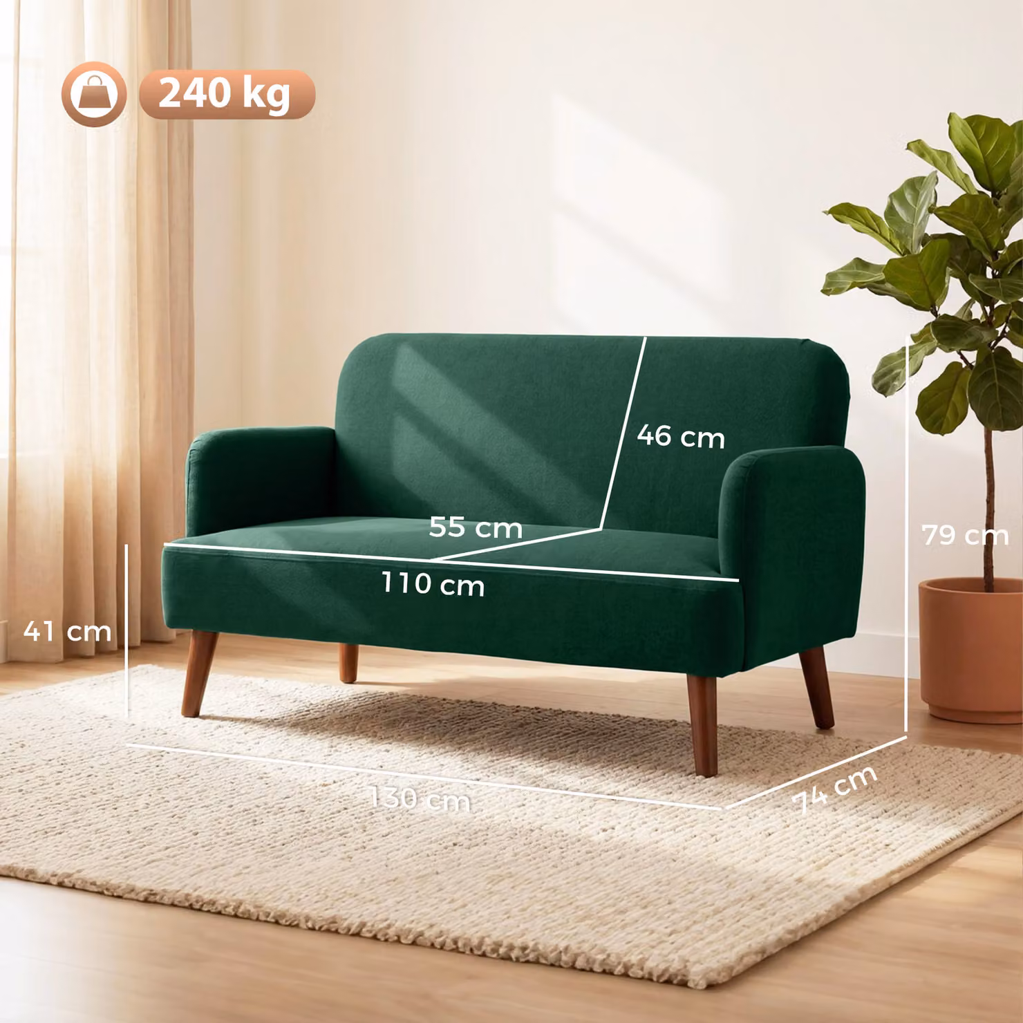 HOMCOM 2 Seater Velvet Feel Fabric Sofa in Dark Green with 21cm Thick Padding and Rubberwood Legs – 3