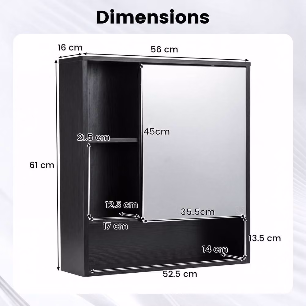 Costway Modern Black Wooden Bathroom Wall Mirror Cabinet with 3 Open Shelves – 2