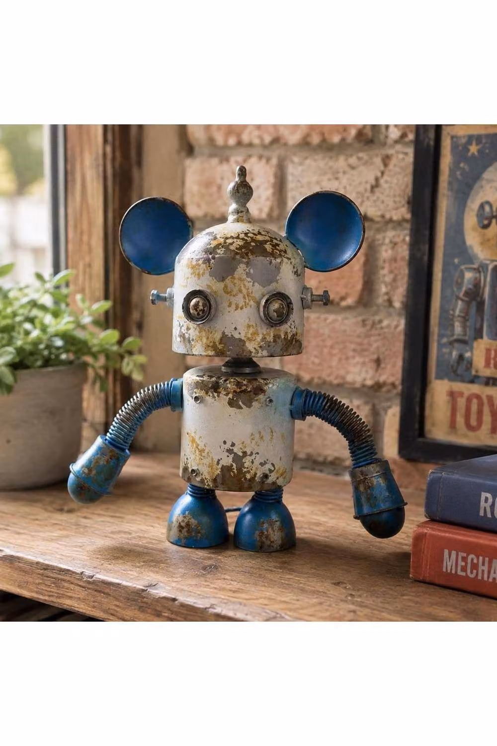 Gifts Direct 2 U Novelty Robot Mouse Ornament, Industrial Metal Decorative Figurine in White, Blue or Silver, H: 14.0 cm, W: 40.0 cm, D: 38.0 cm – 3