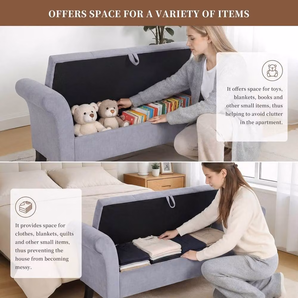 NESTLUNE Grey Velvet Ottoman Storage Bench W/D/H: 133 x 53 x 46 cm – 3