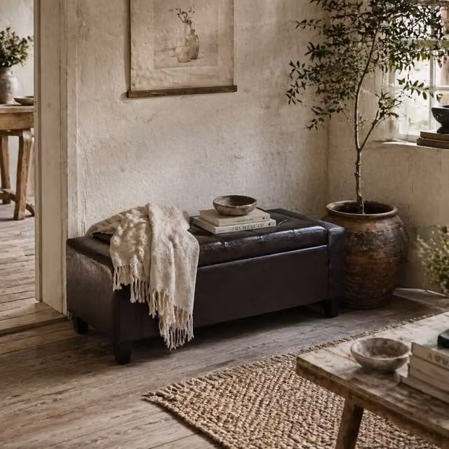 Wyld Haus Rira Brown Faux Leather Storage Ottoman Bench with Diamond Tufted Seat
