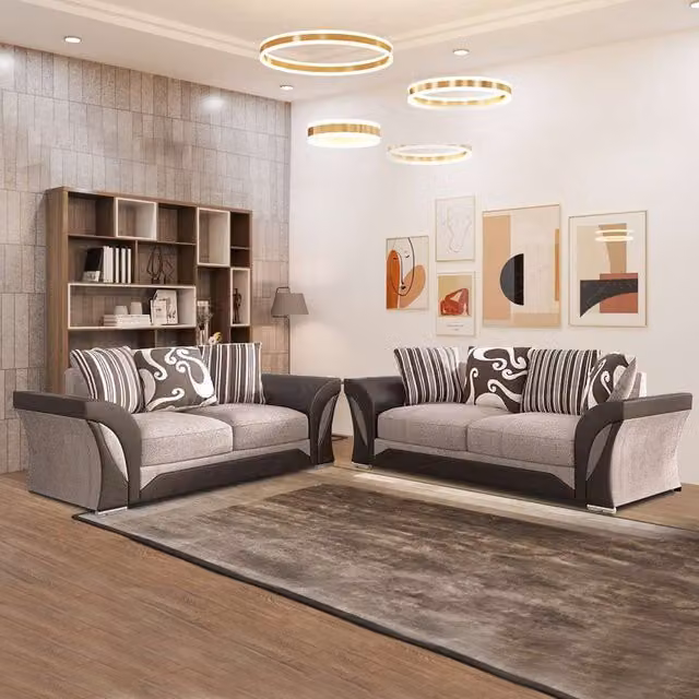 Sliding Wardrobes 4U Fabric 3+2 and Corner Sofa Set in Black, Grey and Beige