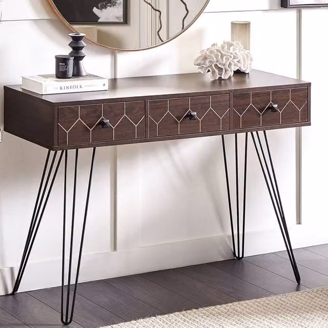 Wyld and Coco 3-Drawer Console Table with Brown Wood Top and Black Metal Frame, W: 110 cm, D: 39 cm, H: 79 cm