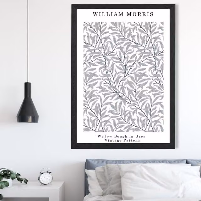 ARTZE William Morris Willow Floral Art Print in Grey with Black Frame, A4